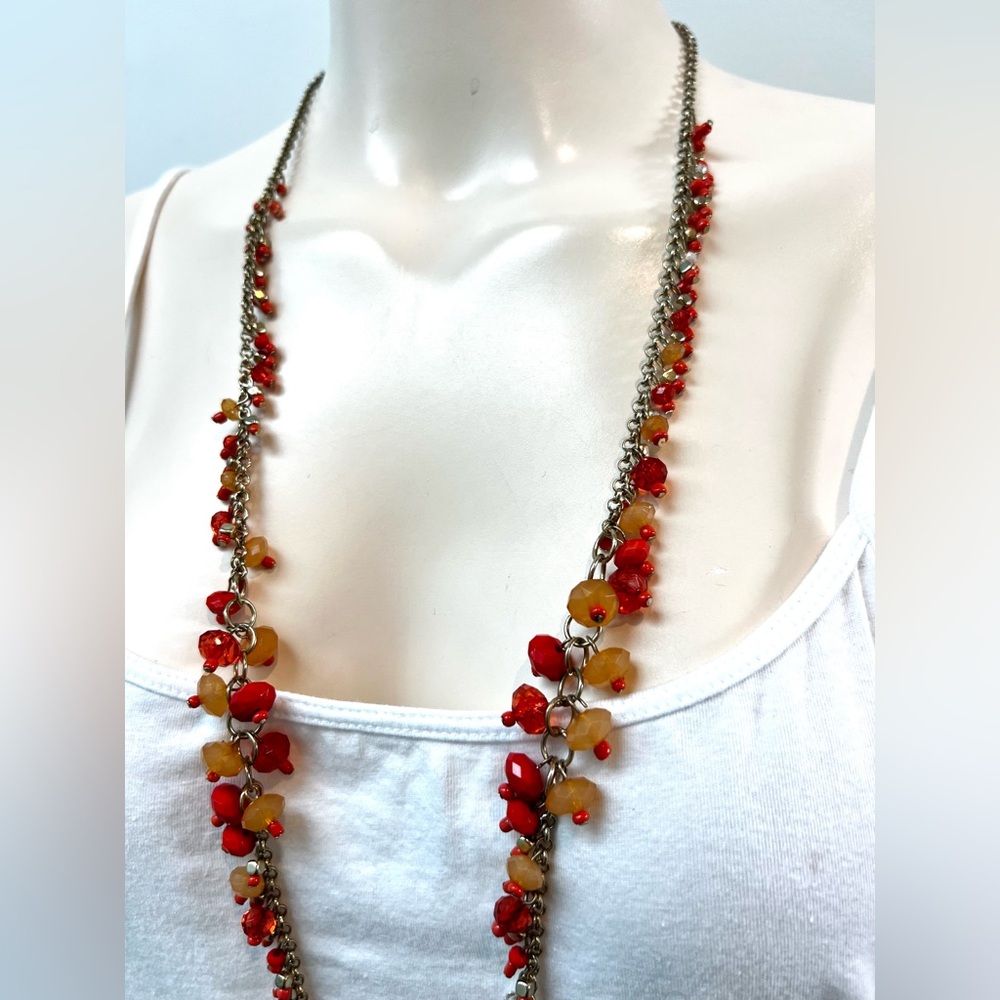 Long Red Coral Amber Bead Chain Necklace Jewelry - Picture 8 of 9